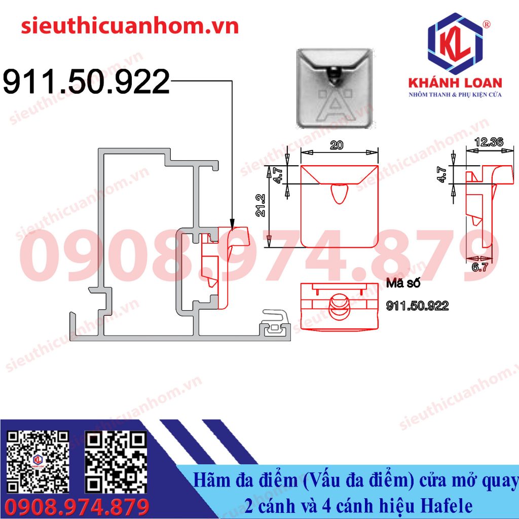 Hãm đa điểm 2 và 4 cánh cửa mở quay nhôm Xingfa hệ 55 hiệu Häfele