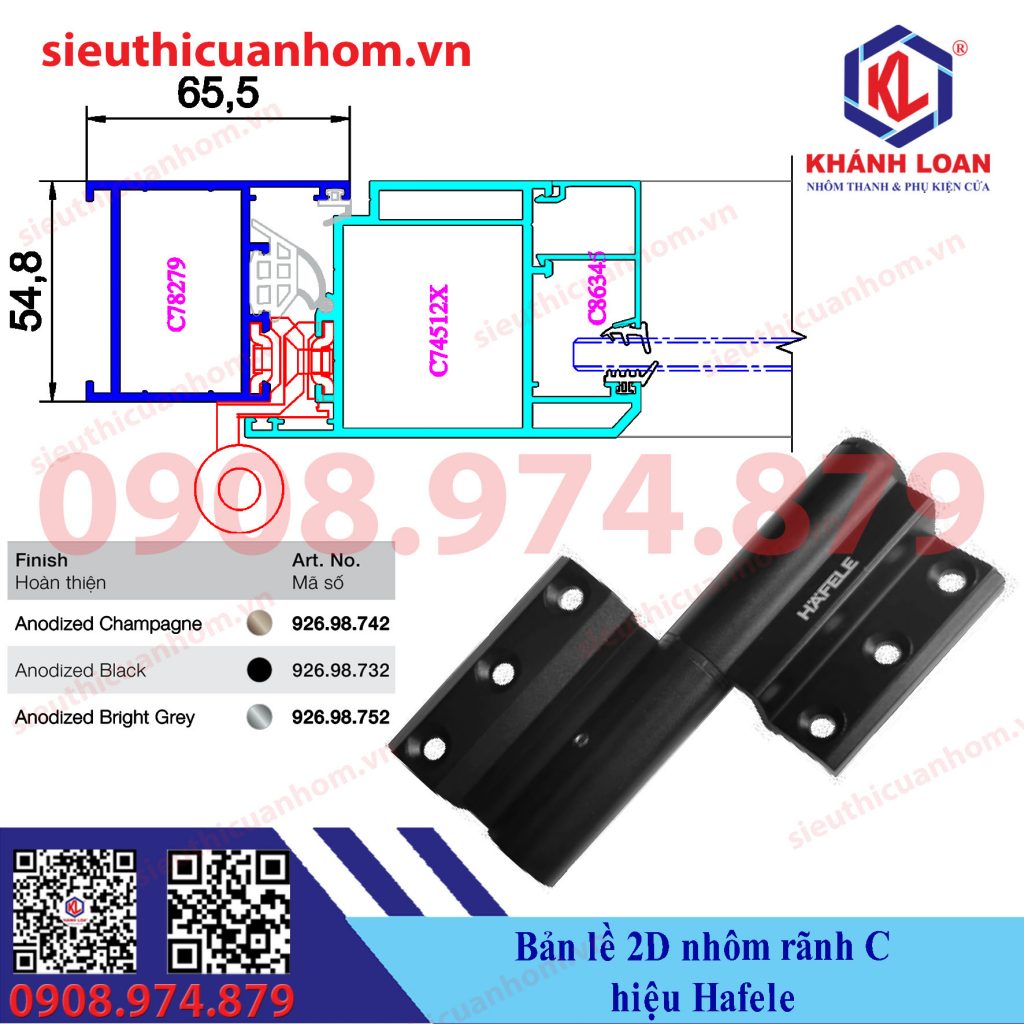 Bản lề 2D nhôm hệ rãnh C hiệu Häfele