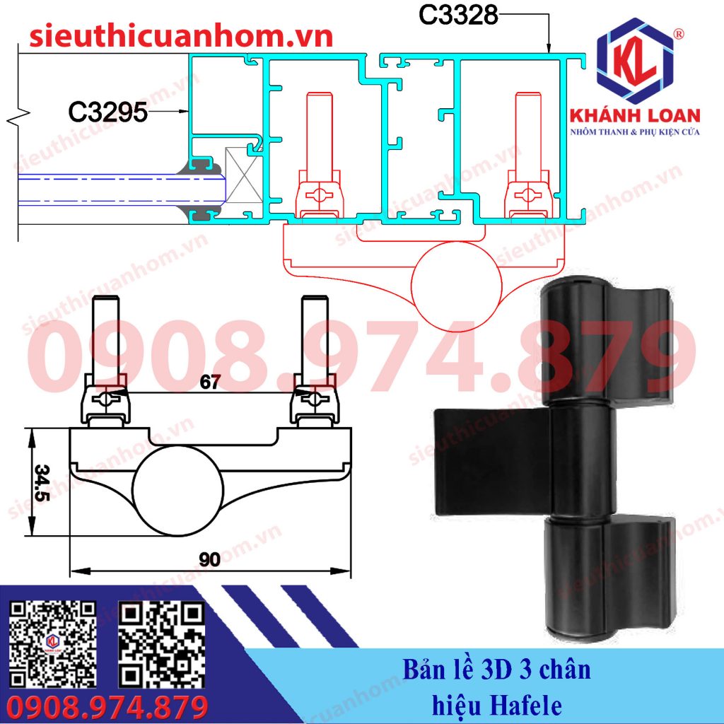 Bản lề 3D 3 cạnh nhôm Xingfa hệ 55 hiệu Häfele