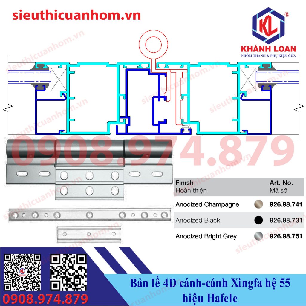 Bản lề 4D cánh cánh nhôm Xingfa hệ 55 hiệu Häfele