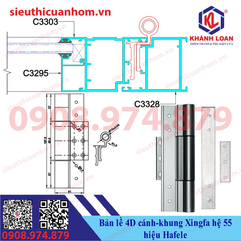 Bản lề 4D cánh khung nhôm Xingfa hệ 55 hiệu Häfele