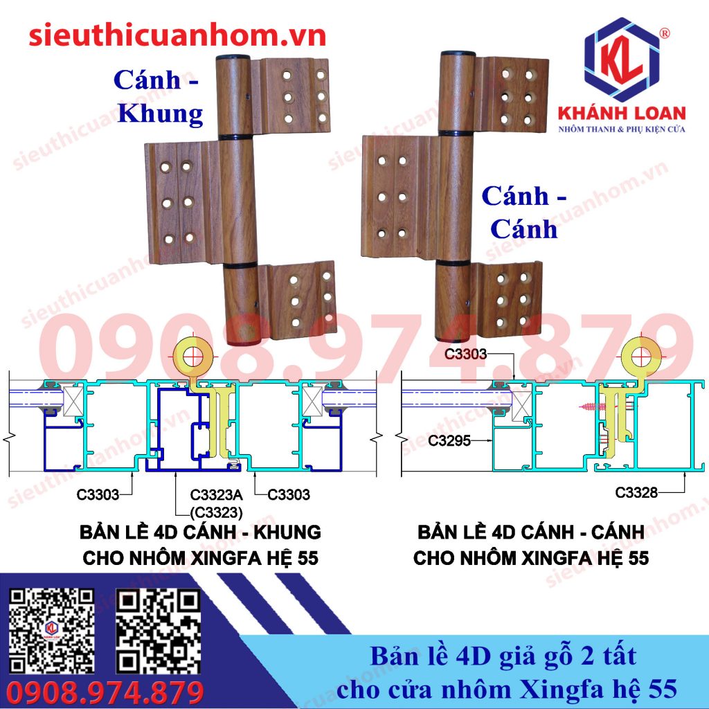 Bản lề 4D 2 tất giả gỗ cửa đi nhôm Xingfa hệ 55