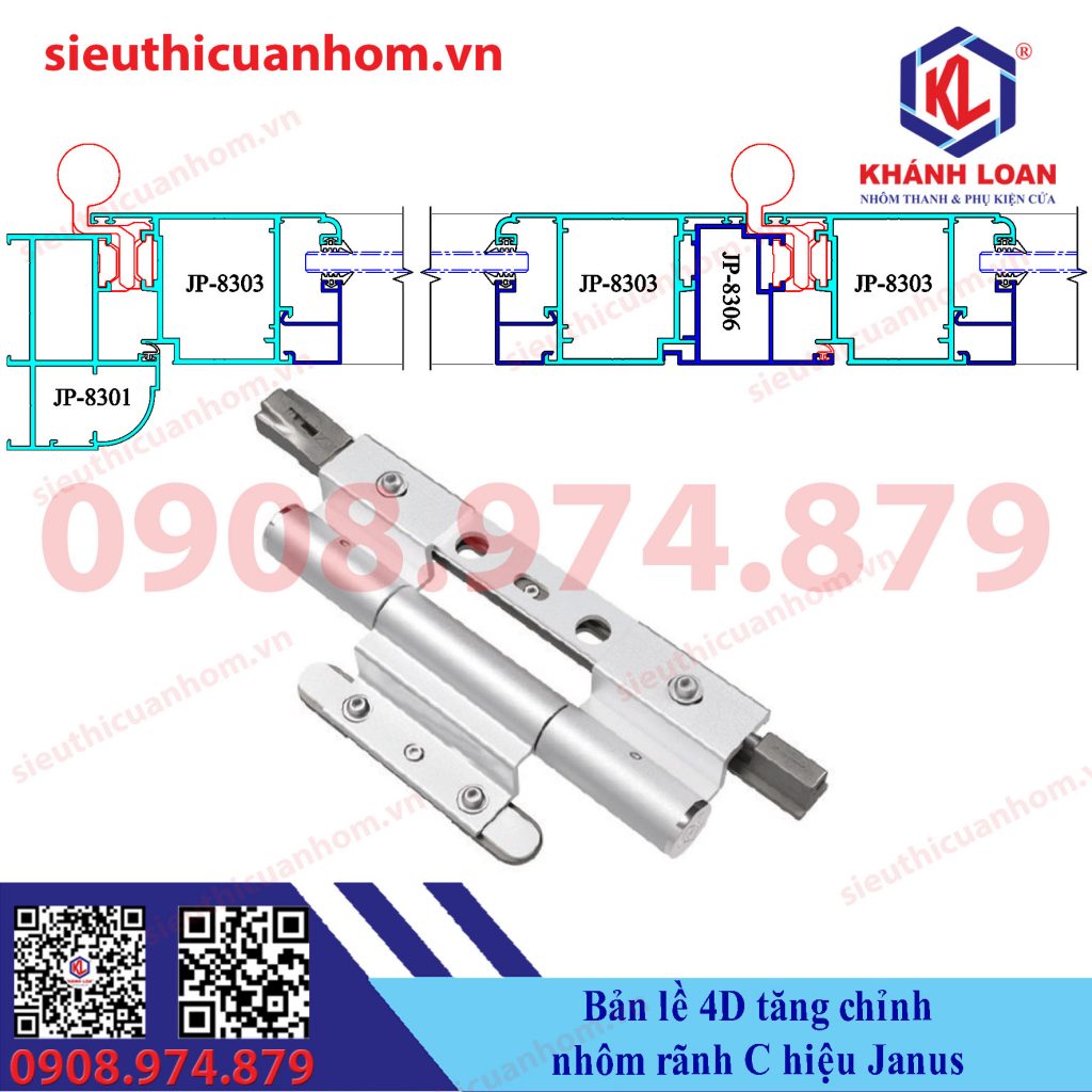 Bản lề 4D tăng chỉnh 2 tất nhôm rãnh C hiệu Janus