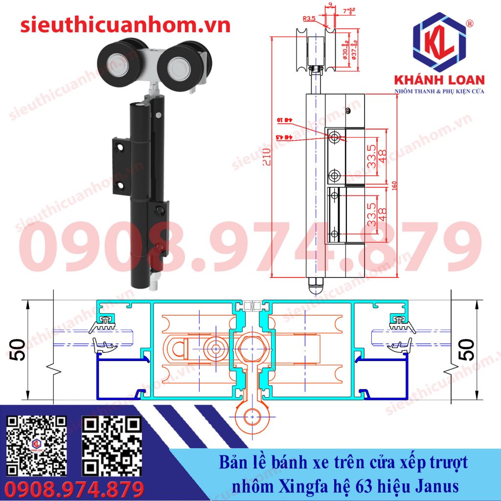 Bản lề bánh xe trên cửa xếp trượt nhôm Xingfa hệ 63 hiệu Janus