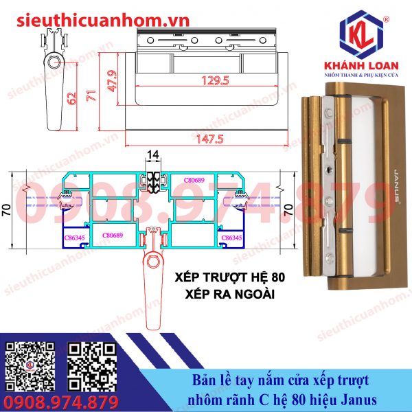 Bản lề tay nắm cửa xếp trượt hệ 80 rãnh C hiệu Janus