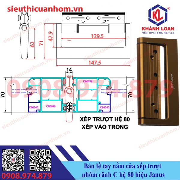 Bản lề tay nắm cửa xếp trượt hệ 80 rãnh C hiệu Janus