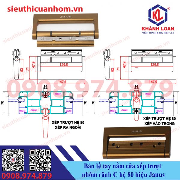 Bản lề tay nắm cửa xếp trượt hệ 80 rãnh C hiệu Janus