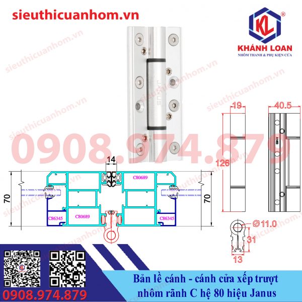 Bản lề biên cánh cánh cửa xếp trượt hệ 80 rãnh C hiệu Janus