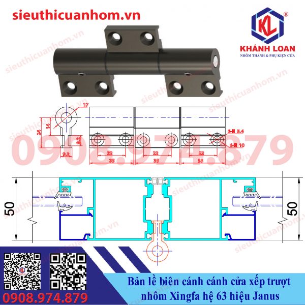 Bản lề biên cánh cánh cửa xếp trượt Xingfa hệ 63 hiệu Janus