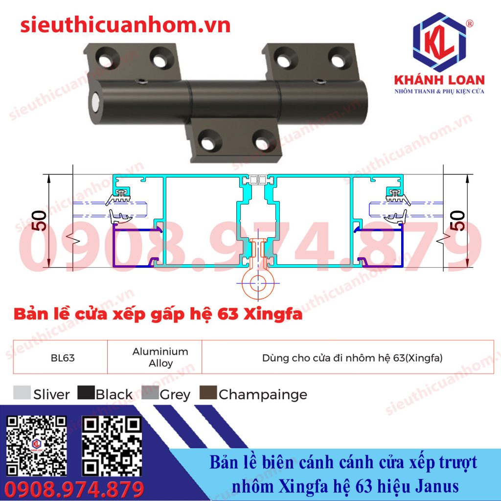 Bản lề biên cánh cánh cửa xếp trượt Xingfa hệ 63 hiệu Janus