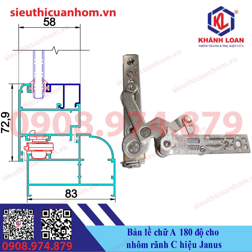 Bản lề chữ A góc mở 180 độ cho nhôm rãnh C hiệu Janus