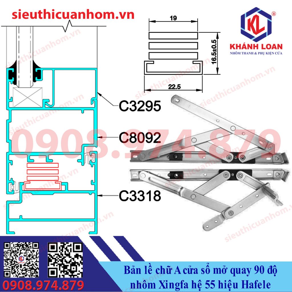 Bản lề chữ A inox 304 Cửa sổ mở quay 90 độ hiệu Häfele