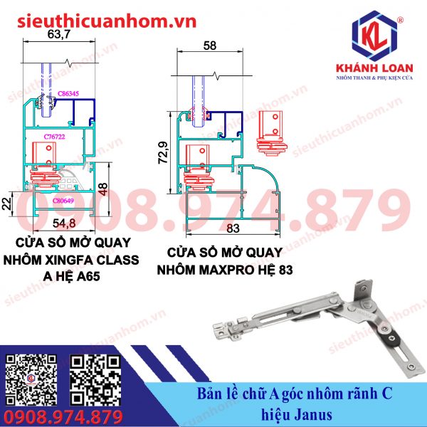 Bản lề chữ A góc cho nhôm rãnh C hiệu Janus