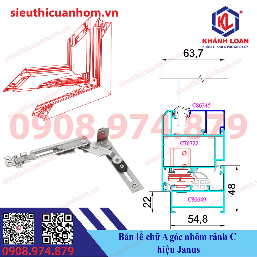 Bản lề chữ A góc cho nhôm rãnh C hiệu Janus