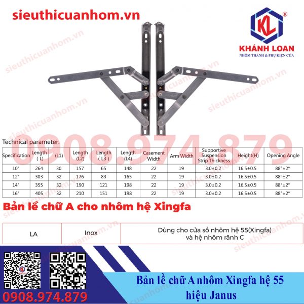 Bản lề chữ A cửa sổ mở quay nhôm Xingfa hệ 55 hiệu Janus