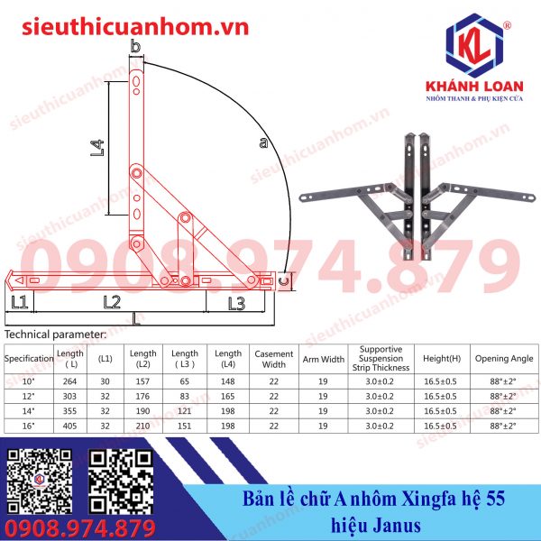 Bản lề chữ A cửa sổ mở quay nhôm Xingfa hệ 55 hiệu Janus