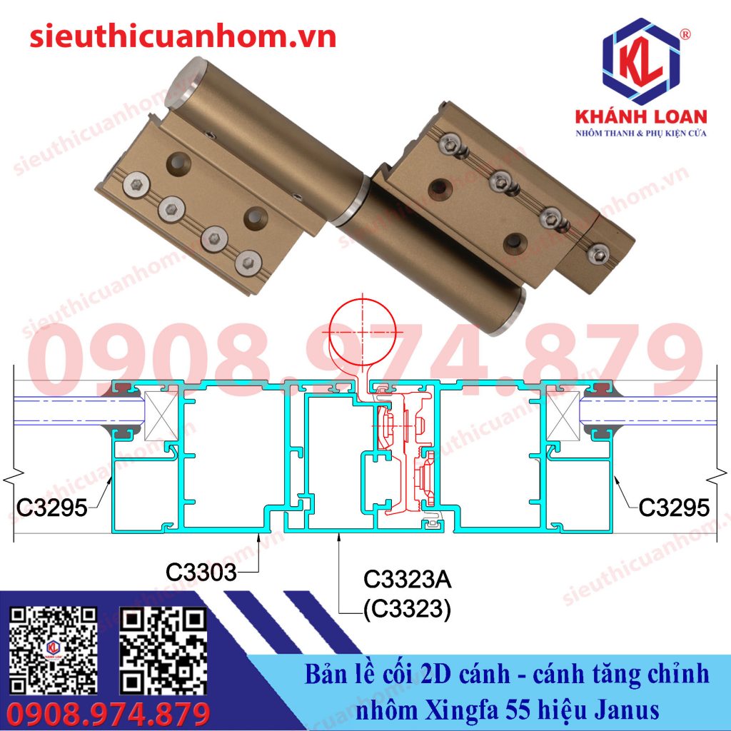 Bản lề cối 2D cánh cánh tăng chỉnh nhôm Xingfa hệ 55 hiệu Janus