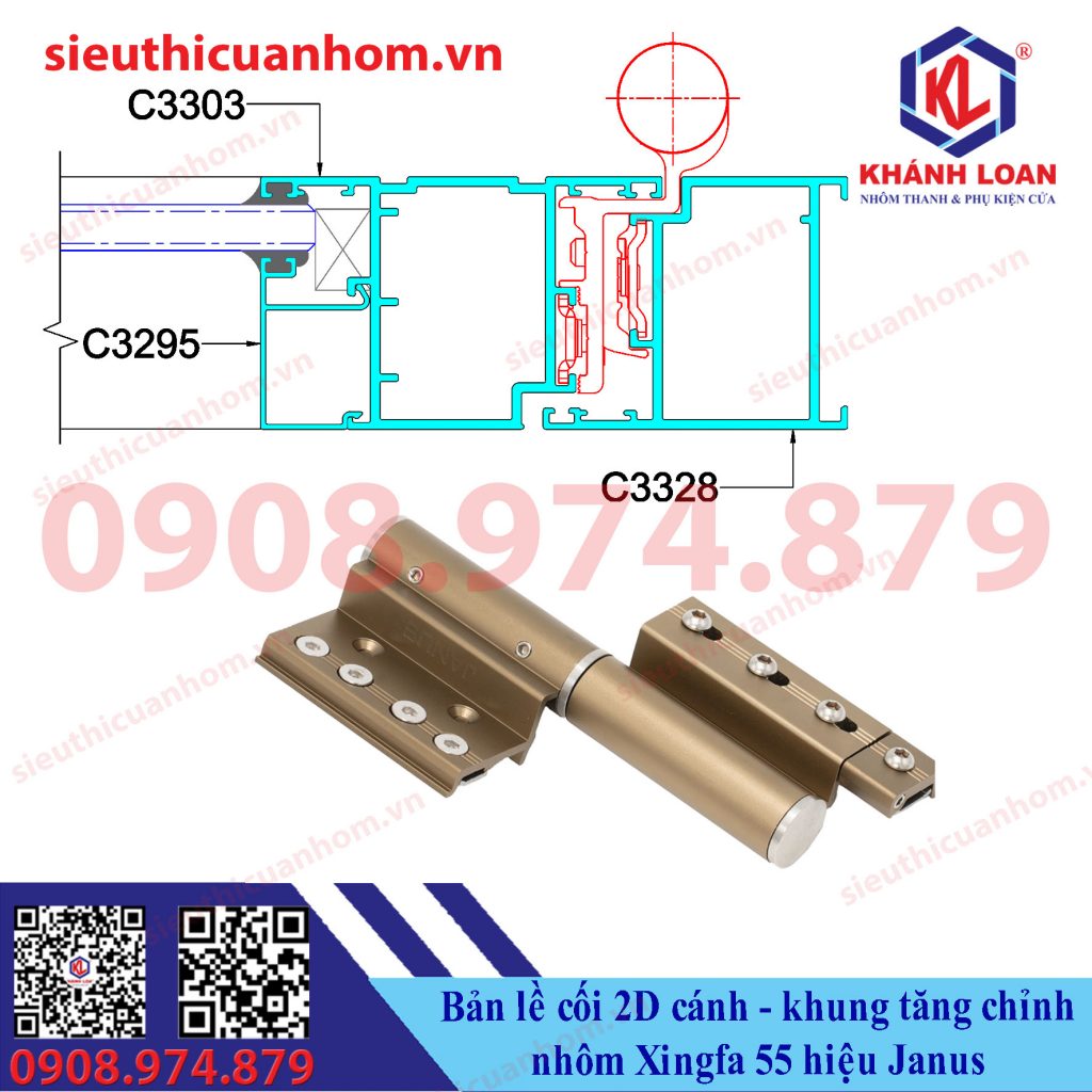 Bản lề cối 2D cánh khung tăng chỉnh nhôm Xingfa hệ 55 hiệu Janus