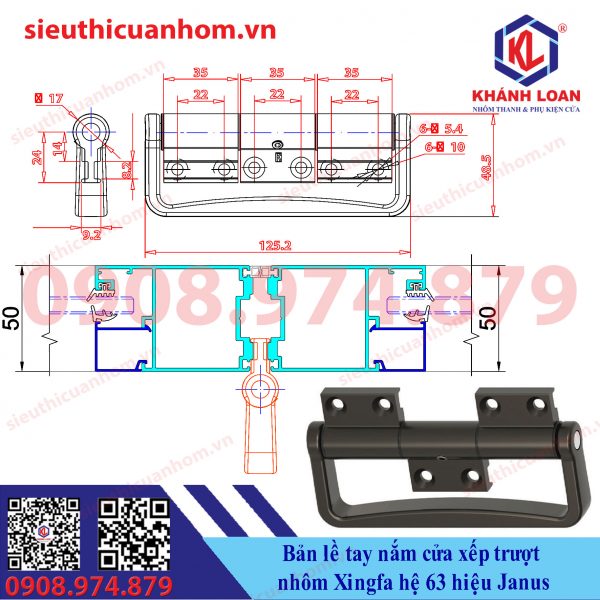 Bản lề tay nắm cửa xếp trượt nhôm Xingfa hệ 63 hiệu Janus