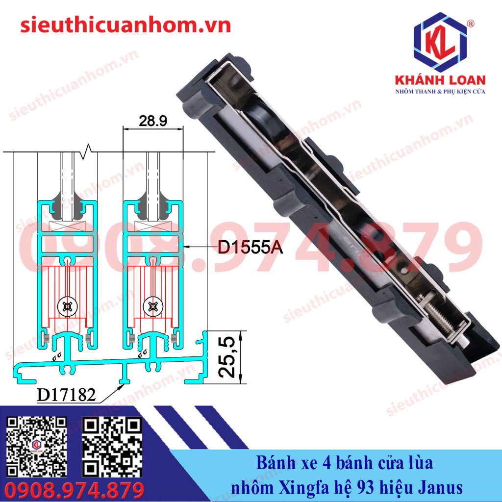 Bánh xe 4 bánh nhôm Xingfa hệ 93 hiệu Janus