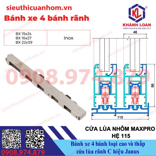 Bánh xe 4 bánh ray ovan cửa lùa rãnh C hiệu Janus