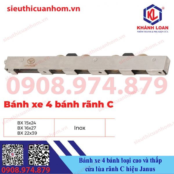 Bánh xe 4 bánh ray ovan cửa lùa rãnh C hiệu Janus