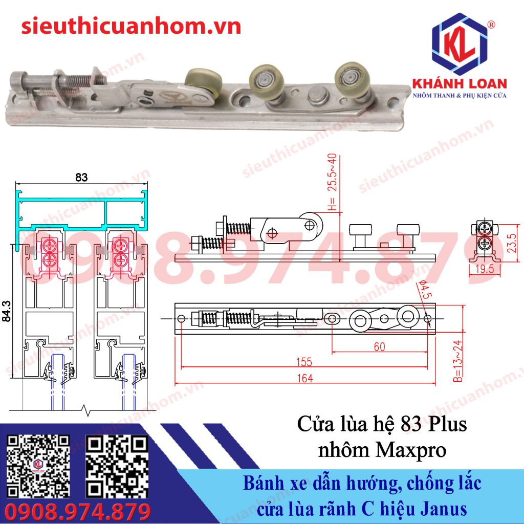 Bánh xe dẫn hướng và chống rung cửa lùa rãnh C hiệu Janus