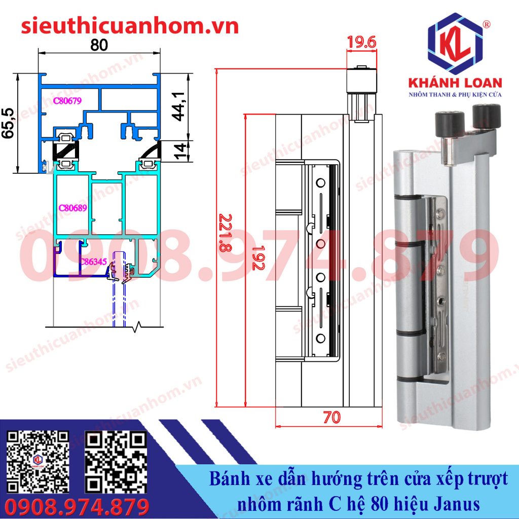 Bánh xe dẫn hướng trên cửa xếp trượt hệ 80 rãnh C hiệu Janus