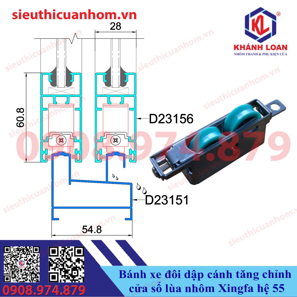 Bánh xe đôi chịu lực dập cánh tăng chỉnh cửa sổ lùa nhôm Xingfa hệ 55