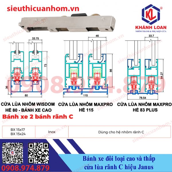 Bánh xe đôi ray ovan cửa lùa rãnh C hiệu Janus