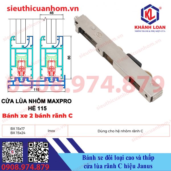 Bánh xe đôi ray ovan cửa lùa rãnh C hiệu Janus