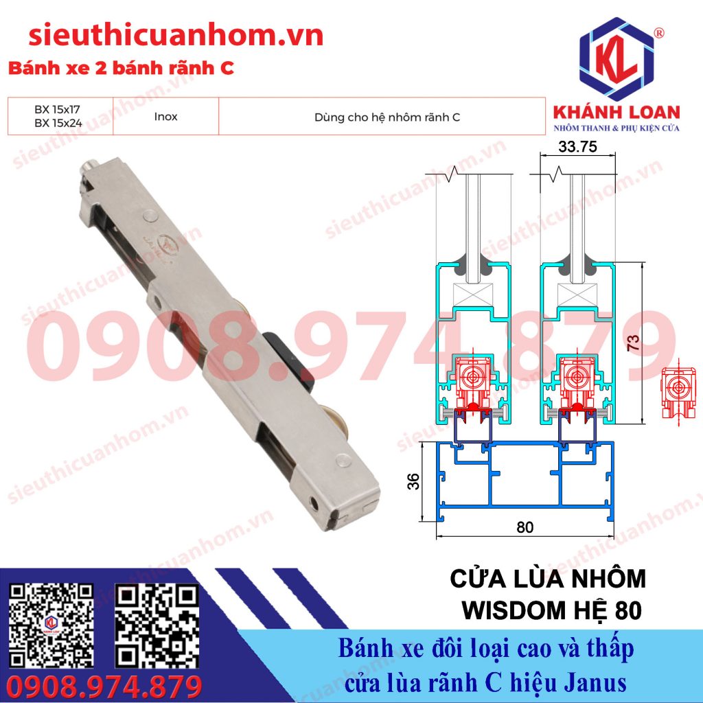 Bánh xe đôi ray ovan cửa lùa rãnh C hiệu Janus