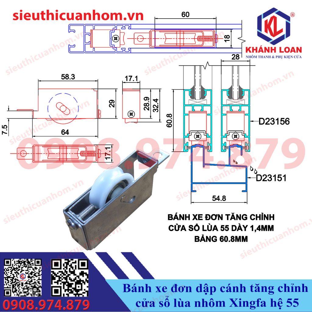 Bánh xe đơn dập cánh tăng chỉnh cửa sổ lùa nhôm Xingfa hệ 55