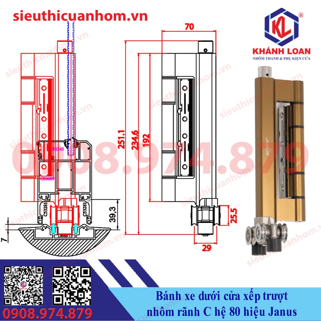 Bánh xe dưới cửa xếp trượt hệ 80 rãnh C hiệu Janus