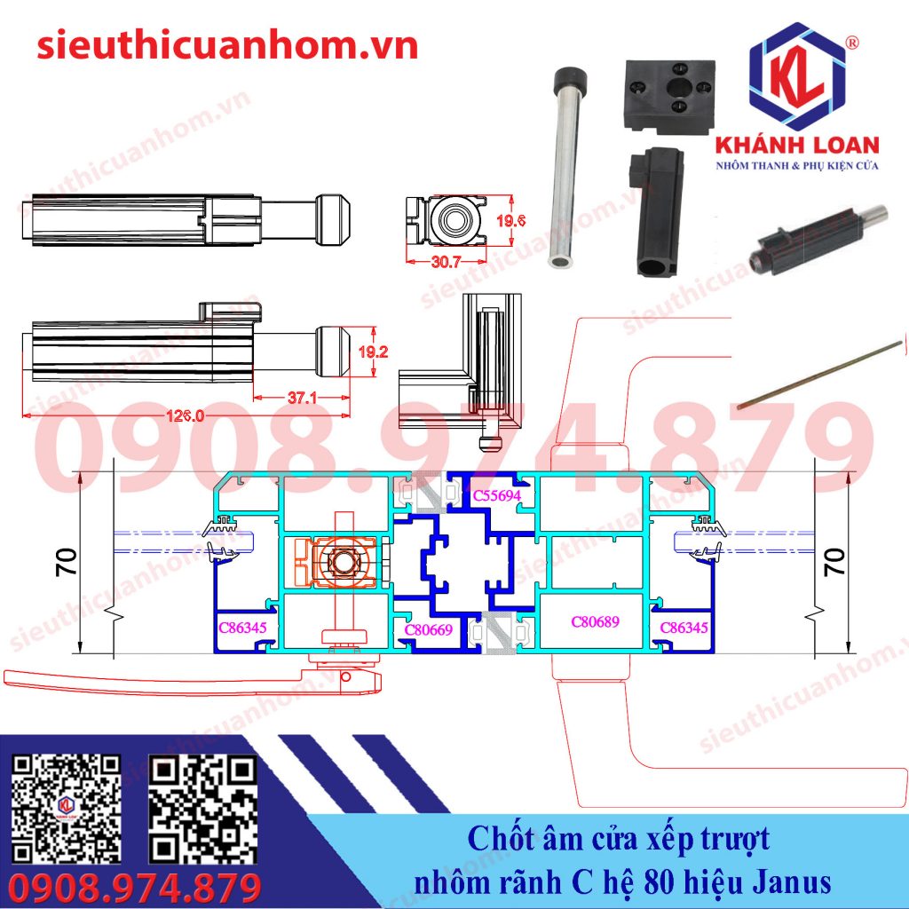 Bộ chốt ân cánh phụ cửa xếp trượt hệ 80 rãnh C hiệu Janus