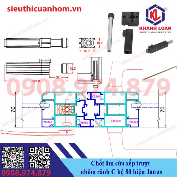 Bộ chốt ân cánh phụ cửa xếp trượt hệ 80 rãnh C hiệu Janus