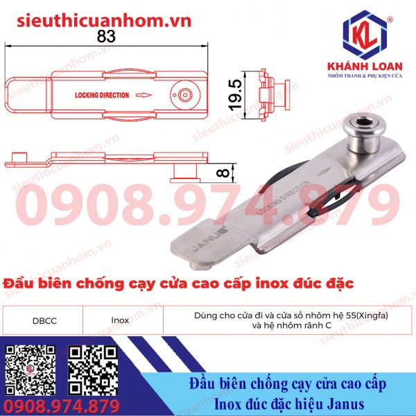 Đầu biên chống cạy cửa cao cấp Inox đúc đặc hiệu Janus