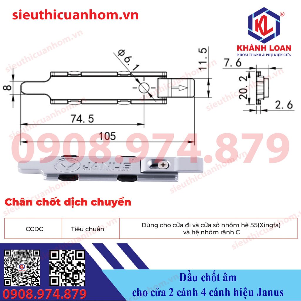 Đầu chốt âm nối thanh truyền cửa 2 cánh và 4 cánh hiệu Janus