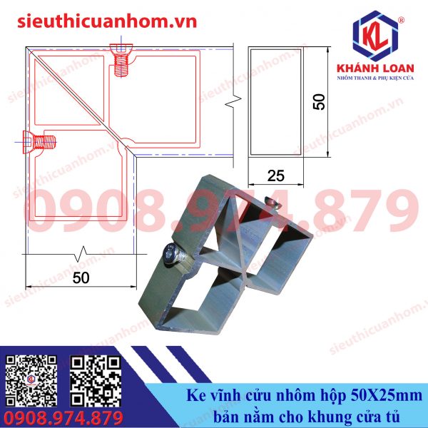 Ke vĩnh cửu nhôm hộp 50X25mm bản nằm khung cửa tủ