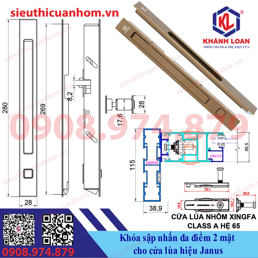 Khóa sập nhấn đa điểm 2 mặt cửa lùa hiệu Janus