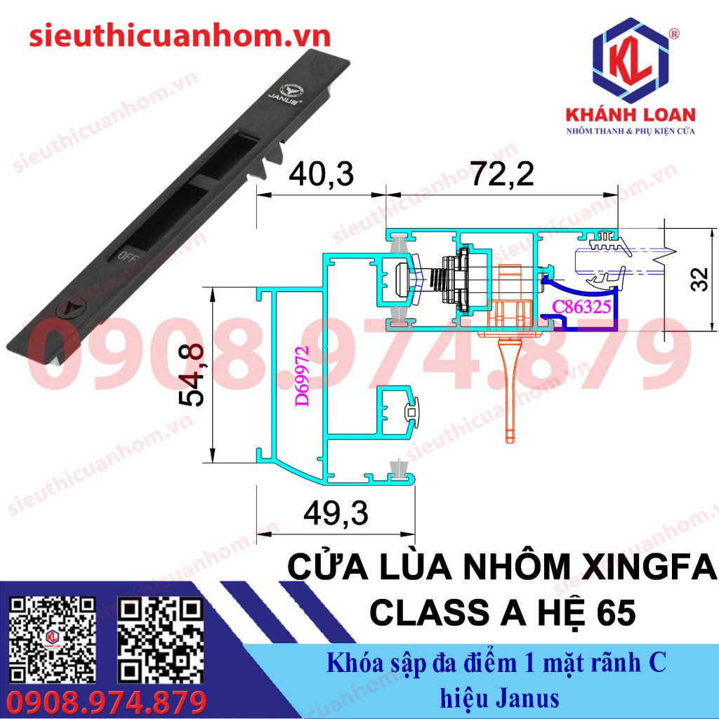 Khóa sập đa điểm cao cấp 1 mặt cửa lùa rãnh C hiệu Janus