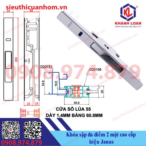 Khóa sập đa điểm cao cấp 2 mặt cửa lùa hiệu Janus