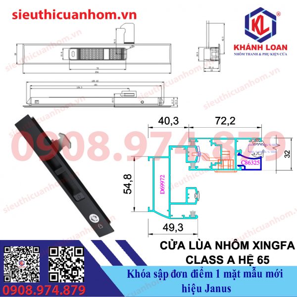 Khóa sập 1 mặt đơn điểm mẫu mới cửa lùa hiệu Janus