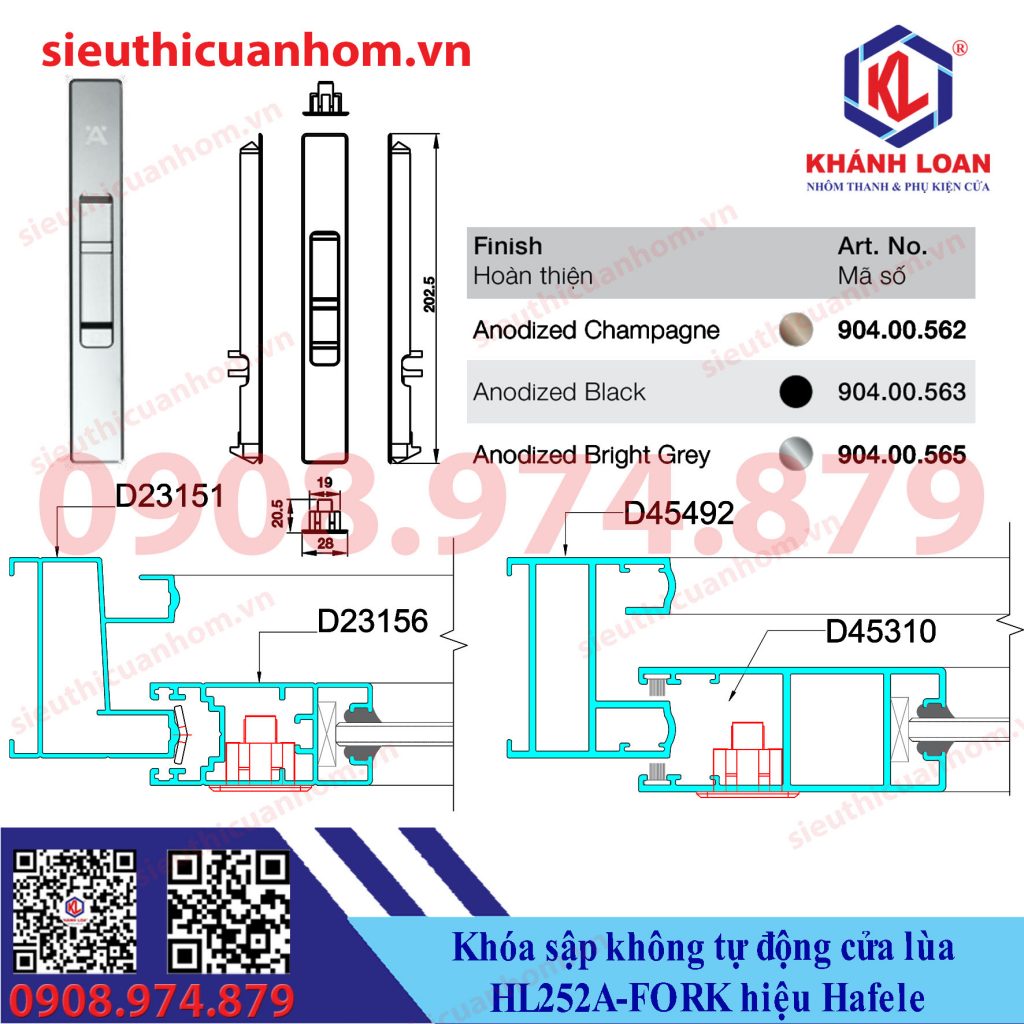 Khóa sập không tự động cửa lùa HL252A-FORK hiệu Häfele