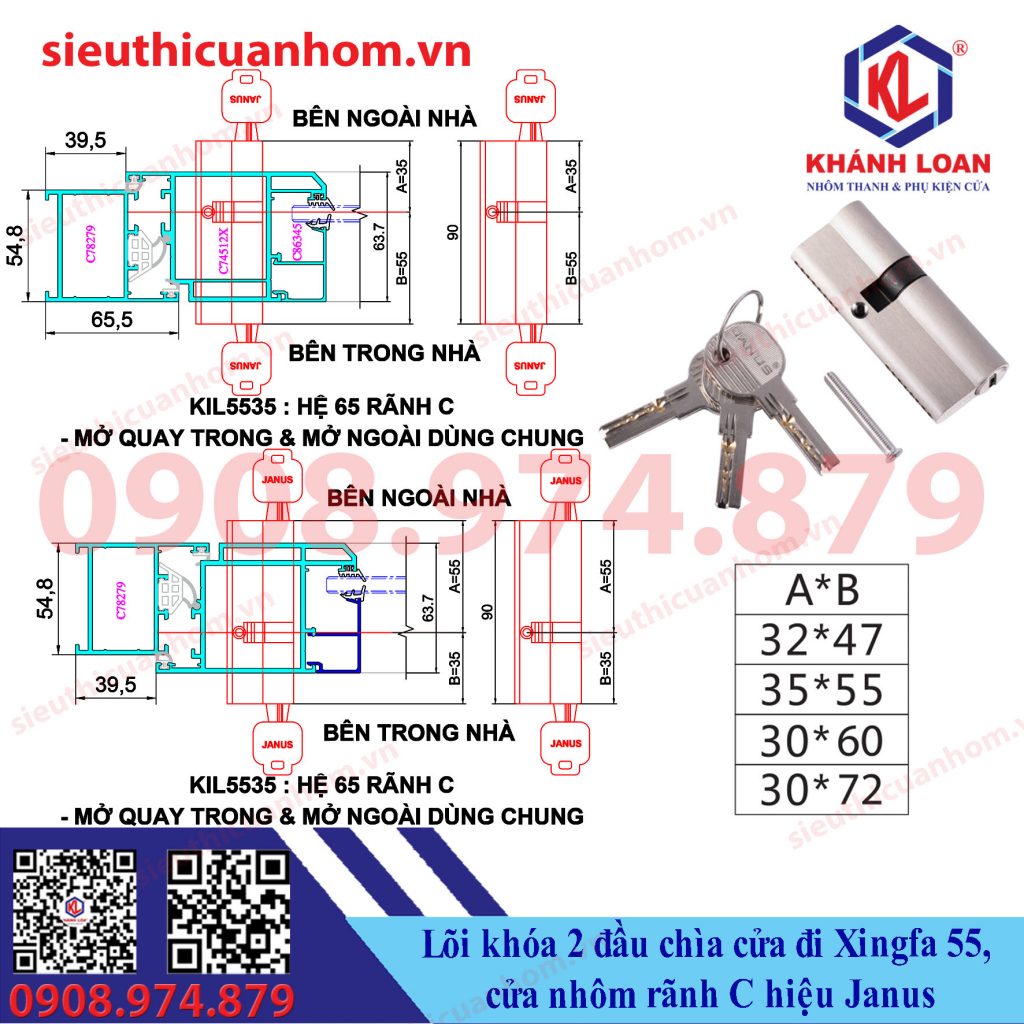 Lõi khóa 2 đầu chìa nhôm Xingfa hệ 55 và nhôm rãnh C hiệu Janus