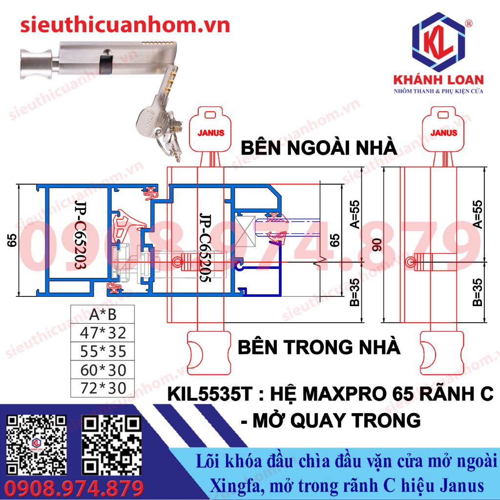 Lõi khóa đầu chìa đầu vặn mở ngoài Xingfa 55 mở trong rãnh C hiệu Janus