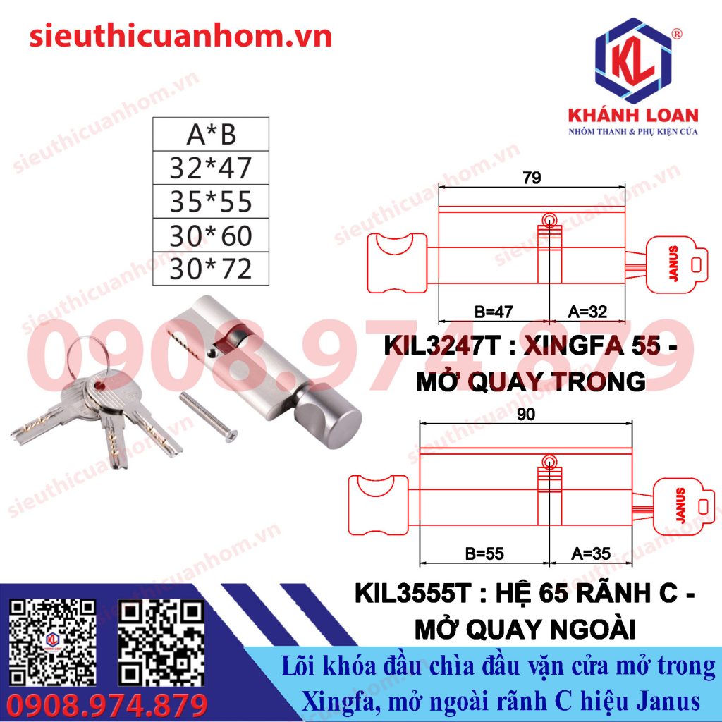 Lõi khóa đầu chìa đầu vặn mở trong Xingfa 55 mở ngoài rãnh C hiệu Janus