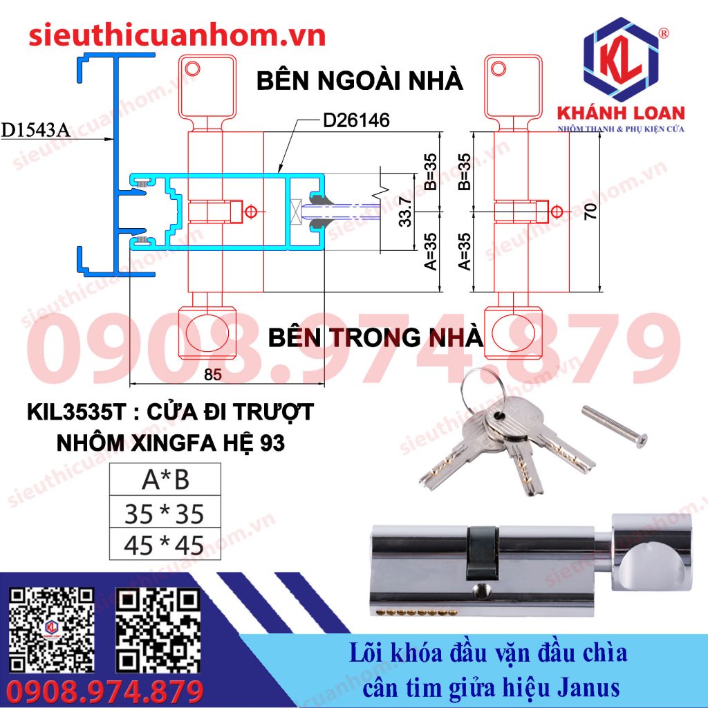 Lõi khóa đầu chìa đầu vặn tim giữa hiệu Janus