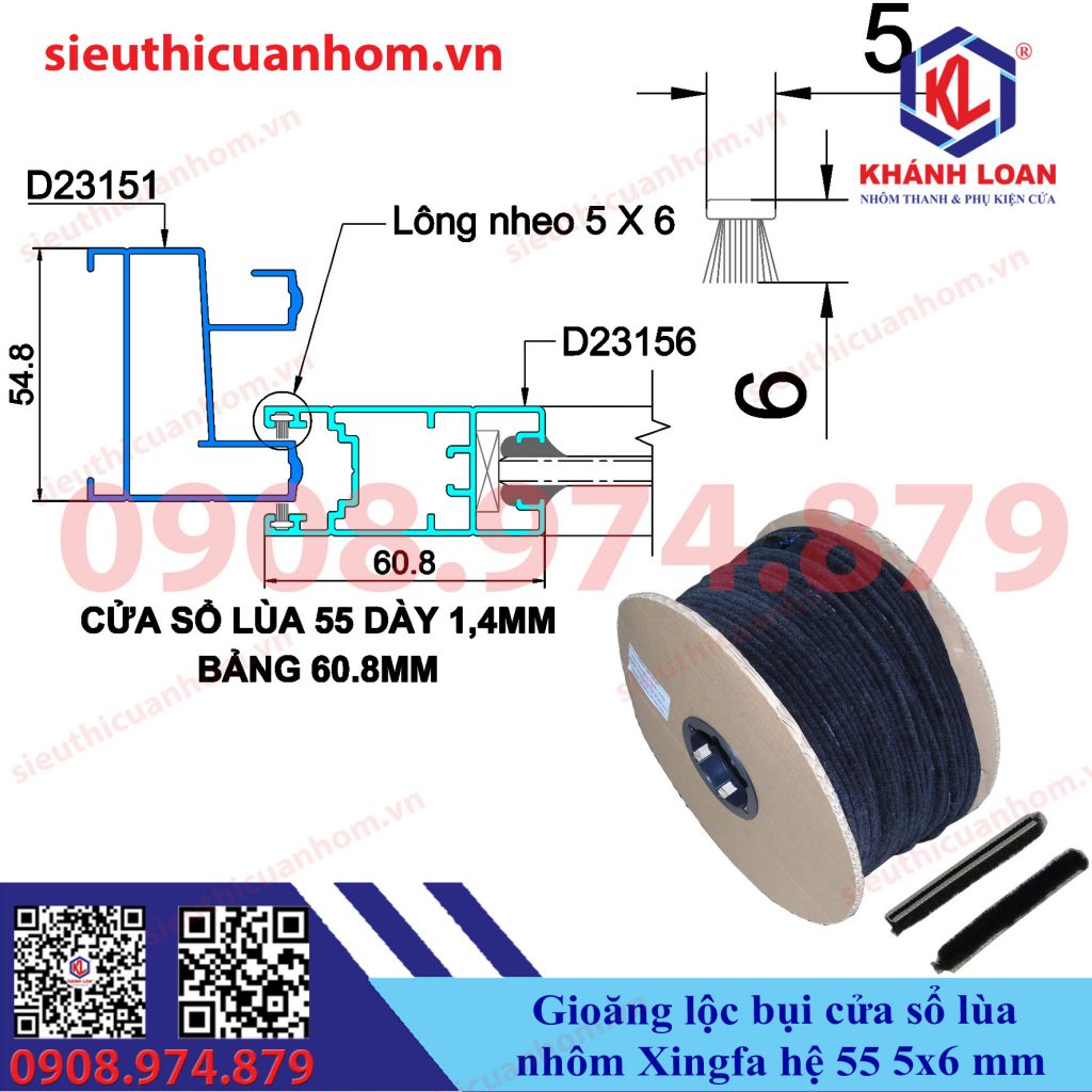 Gioăng lọc bụi lông nheo 5x6mm cửa sổ lùa nhôm Xingfa hệ 55