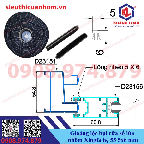 Gioăng lộc bụi lông nheo cửa sổ lùa nhôm Xingfa hệ 55